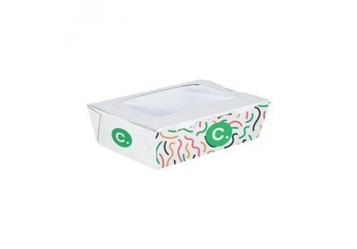 Boîte à salade rectangulaire personnalisée en carton avec couvercle à fenêtre 700 mL - Impression jusqu'à 4 couleurs